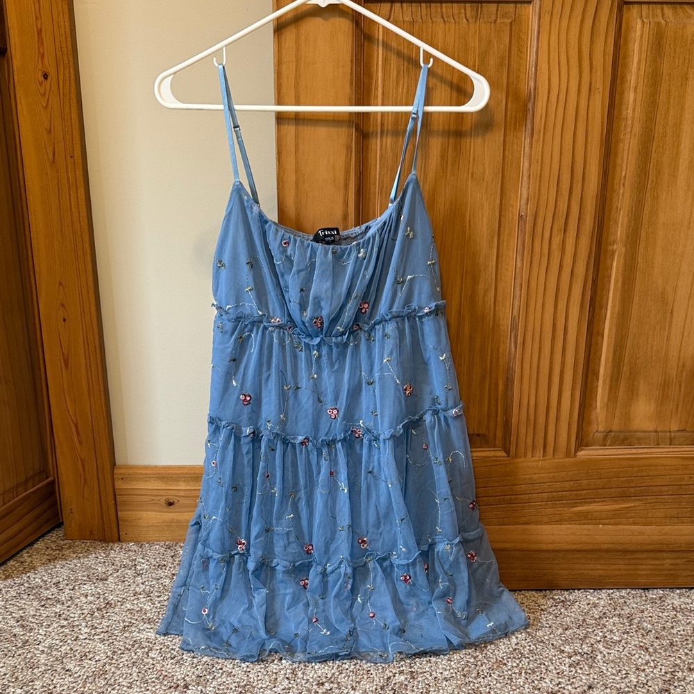 Trixxi Blue Mesh Dress with Embroidered Accents